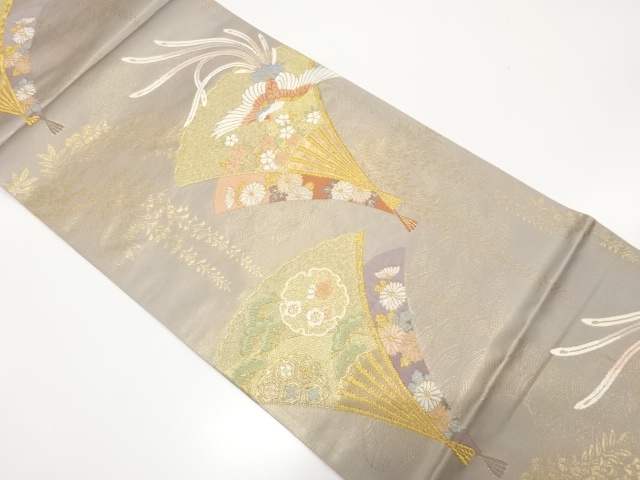 扇に鳳凰・桜・藤模様織り出し　袋帯